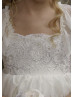 Beaded Ivory Lace Wrinkled Chiffon Ruffled Flower Girl Dress